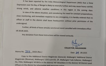 ଜିଲ୍ଲାରେ ସେପ୍ଟେମ୍ବର ୨୮ ପର୍ଯ୍ୟନ୍ତ ସମସ୍ତ ଛୁଟି ବାତିଲ:ପୂର୍ବ ଅନୁମତି ବିନା ମୁଖ୍ୟାଳୟ ଛାଡି ପାରିବେ ନାହିଁ କର୍ମଚାରୀ: ଜିଲ୍ଲାପାଳ