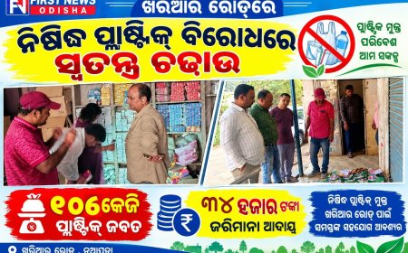 ଖରିଆର ରୋଡ୍‌ରେ ନିଷିଦ୍ଧ ପ୍ଲାଷ୍ଟିକ୍‌ ବିରୋଧରେ ସ୍ୱତନ୍ତ୍ର ଚଢ଼ାଉ;  ୧୦୬ କେଜି ପ୍ଲାଷ୍ଟିକ୍ ଜବତ, ୩୪ ହଜାର ଟଙ୍କା ଜରିମାନା ଆଦାୟ