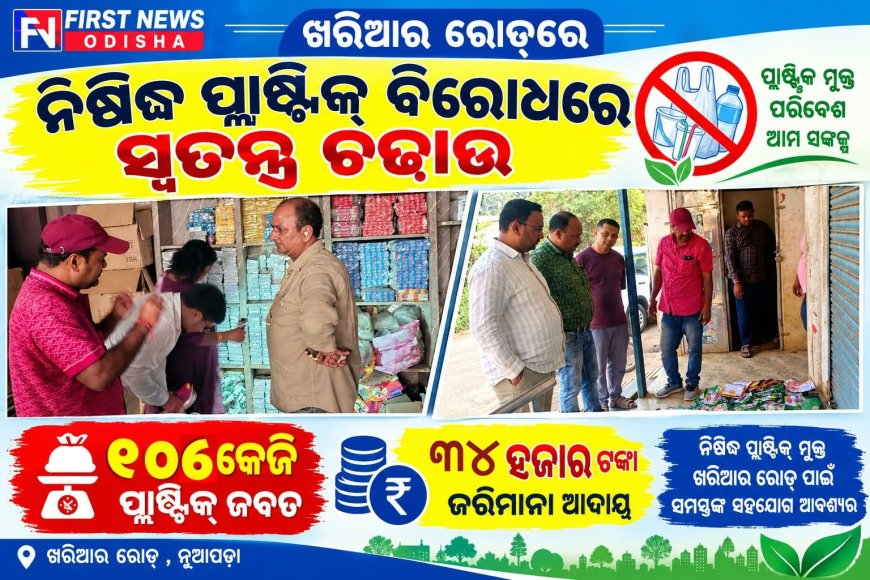 ଖରିଆର ରୋଡ୍‌ରେ ନିଷିଦ୍ଧ ପ୍ଲାଷ୍ଟିକ୍‌ ବିରୋଧରେ ସ୍ୱତନ୍ତ୍ର ଚଢ଼ାଉ;  ୧୦୬ କେଜି ପ୍ଲାଷ୍ଟିକ୍ ଜବତ, ୩୪ ହଜାର ଟଙ୍କା ଜରିମାନା ଆଦାୟ